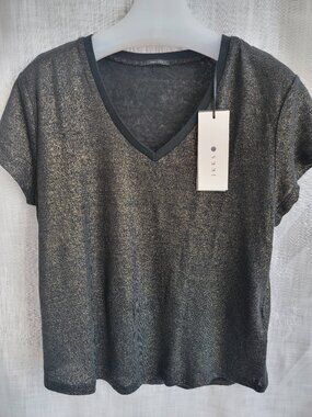 IKKS NWT M Black Gold Metallic Foil 100% Linen V Neck Shimmer French Euro Chic